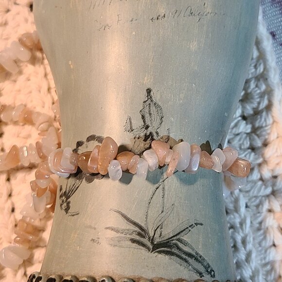 Peach Moonstone Chip Bracelet | Natural Gemstone Stretch Boho Healing Jewelry - Picture 4 of 7